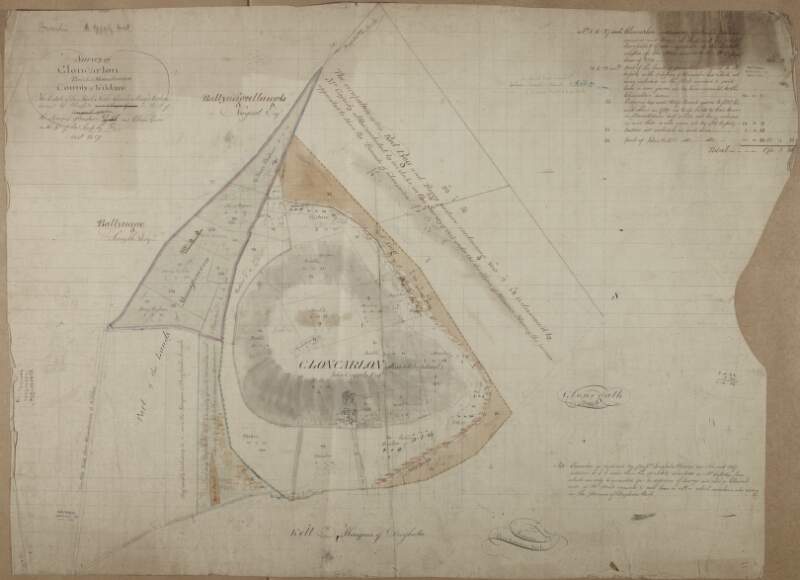 A survey of Cloncarlon [Cloncarlin or Glebe island] parish of Monasterevin County of Kildare, the estate of the most noble Charles Marquis Drogheda.  Surveyed by J. Longfield on the part of the Marquis of Drogheda and Clarges Green on the part of John Cassidy August, 1817.  Scale 16 perches to an inch.  Notes on differences in surveys & references to lease.