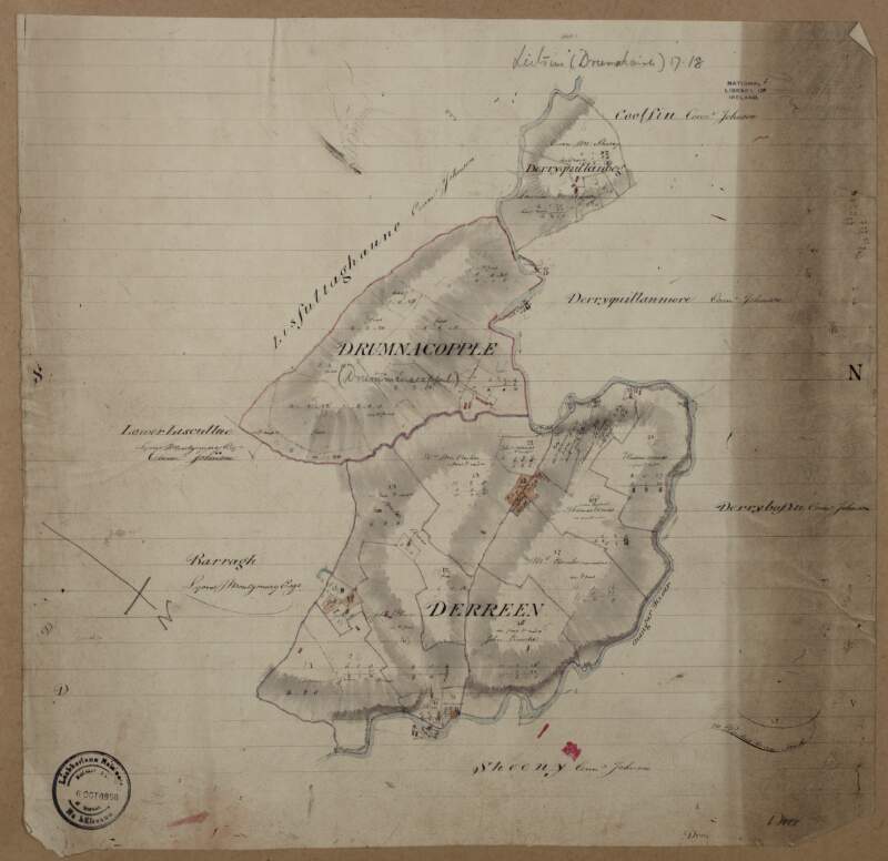 A map of lands at Drumnacopple and Derreens [Drummanacappul] in the barony of Drumahaire and County Leitrim.  Scale 20 perches to an inch.  Names of tenants & acreage of holdings shown.