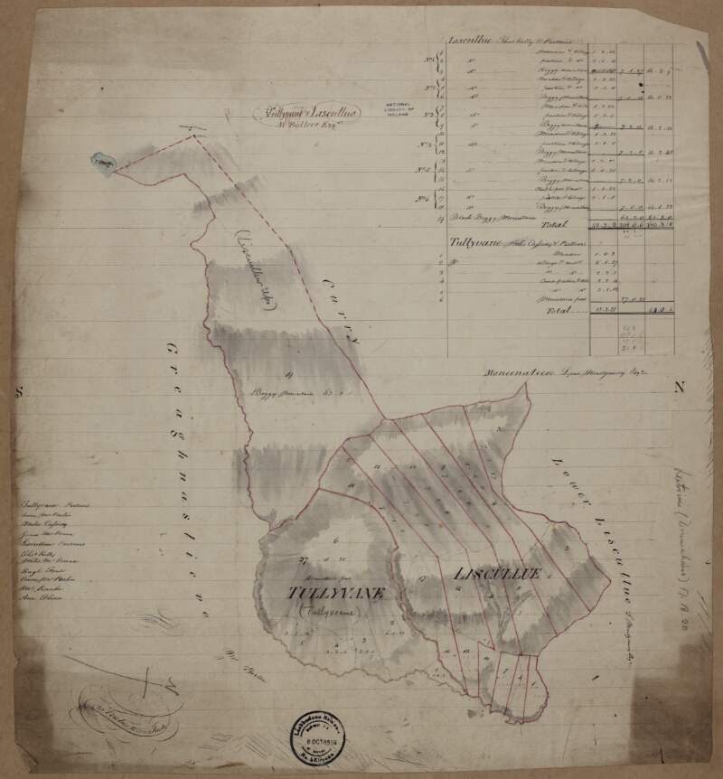 A map of lands at Tullyvane [Tullyveame] and Liscullue [Liscuillew] in the barony of Drumahaire and County Leitrim.  Table of reference showing tenants [partners] & acreage of holdings.  Scale 20 perches to an inch.