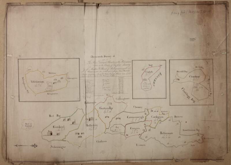 An accurate survey of part of the Honble. Colonel Wentworth Harman's estate in the County of Longford barony of Moydow and parish of Ballynacormick ... taken by William Nevill in 1722 and copied by John Brownrigg in 1784.  Scale of 40 perches to an inch.  Table of reference showing denominations, tenants & acreage.