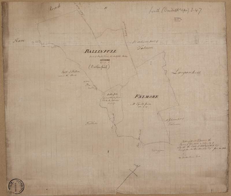 A map of lands at Ballinfail and Falmore in the barony of Dundalk Upper & County of Louth the estate of Robert Sibthorp.  Surveyed for Matthew Murphy January 30, 1786.  Scale 20 perches to an inch.  Names of tenants & acreage of holdings shown.