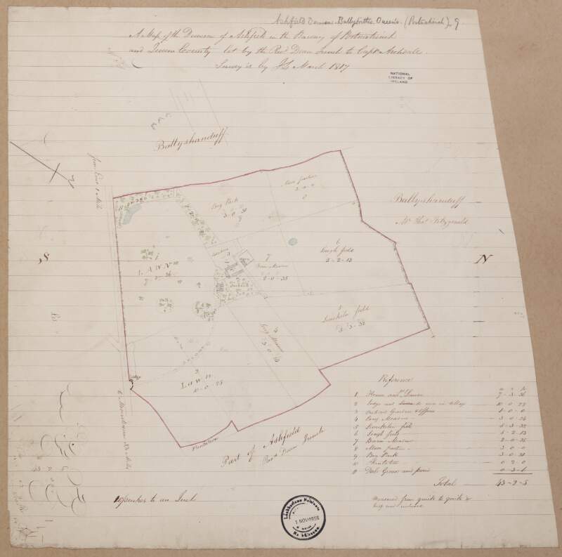 A map of the demense of Ashfield in the barony of Portnahinch and Queens [Leix] County let by the Reverend Dean French to Capt. Archdall.  Surveyed by J.L. March 1817.  Scale 10 perches to an inch.  Table of contents.