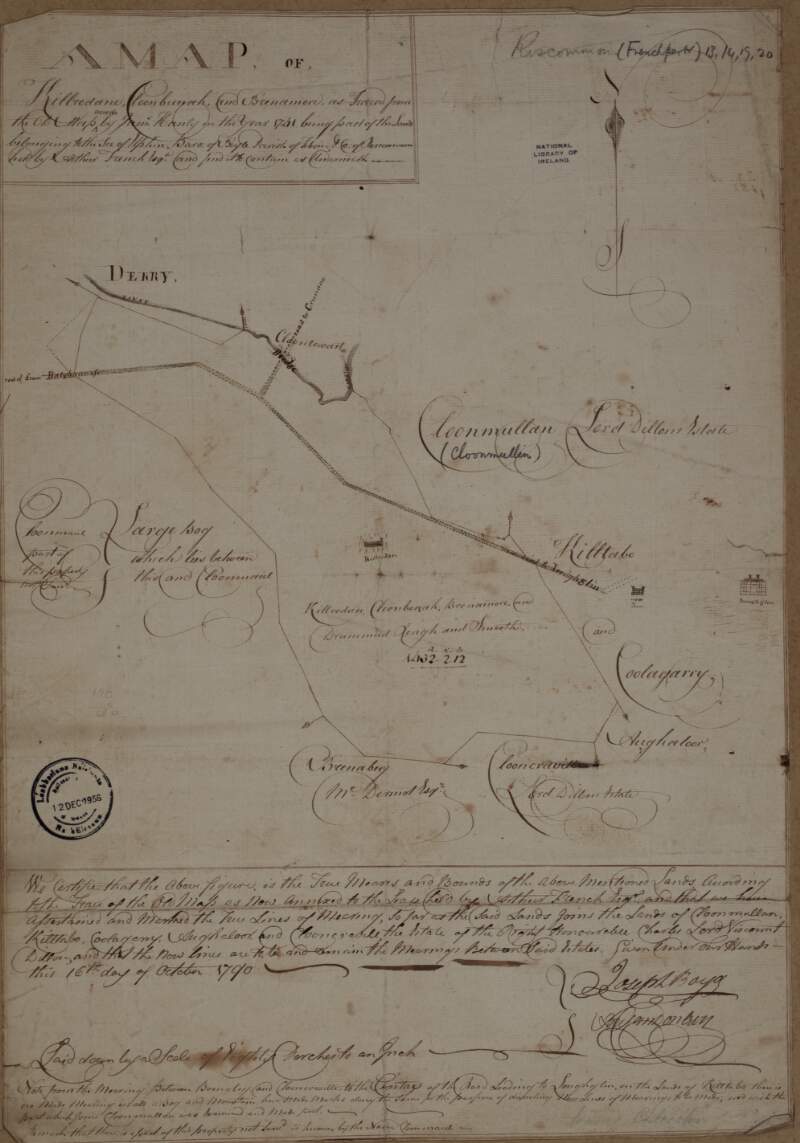 A map of Kilroddan Breanamore and Cloonbunny in the barony of Frenchpark Co Roscommon, as traced from the old map made by James Hanly 1741 having part of the lands belonging to the See of Elphin ... And held by Arthur French.