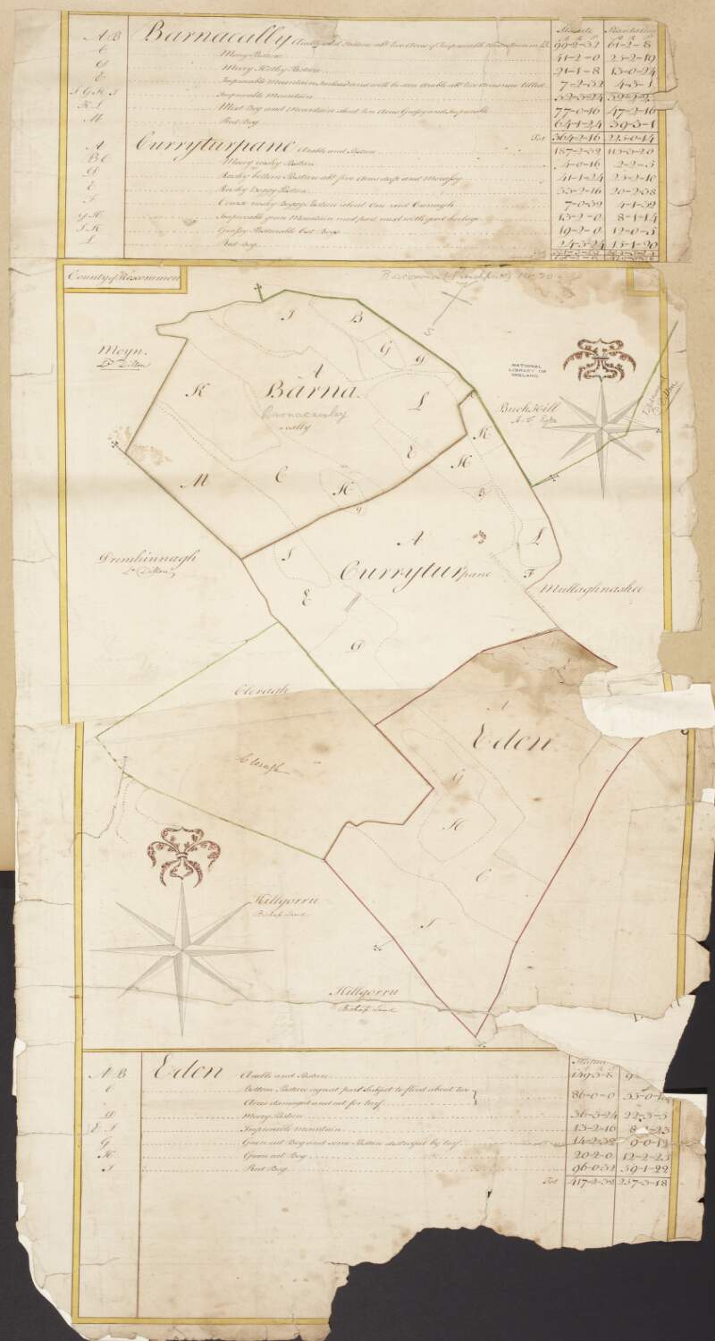 A map of lands at Barnacawley Curreentorpan and Eden in the barony of Frenchpark and County of Roscommon.  Table of reference showing tenants and acreage