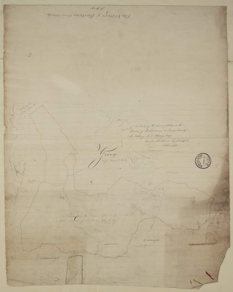 A survey of the lands of Killeen in the barony of Ballyadams and Queens [Leix] County, the estate of A. F. St. George, done for Mrs. Warren by J Longfield. Feb 1808.  Scale 20 perches to an inch.