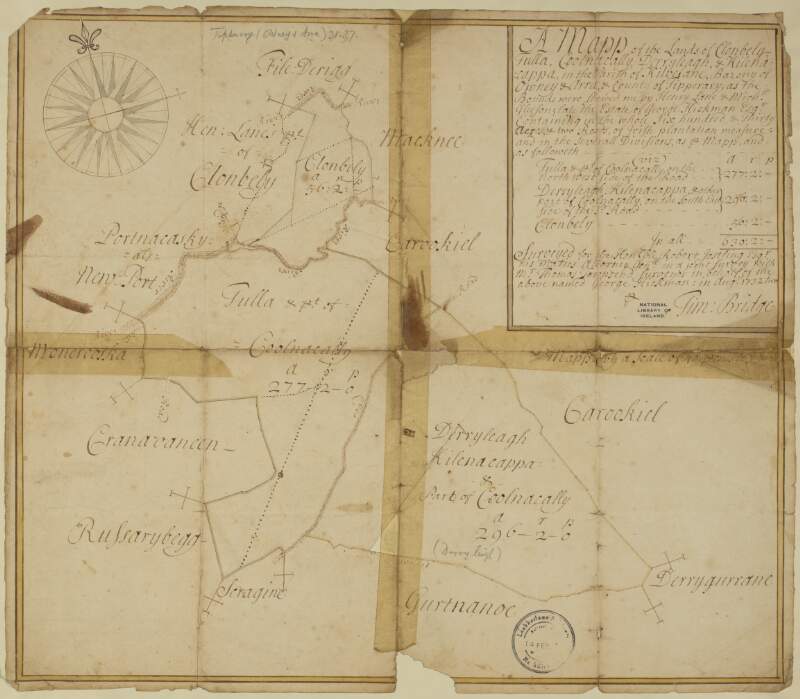 A map of the lands of Clonbealy Tullow Coolnacalla Derryleigh and Kilnacappagh ... in the barony of Owney and Arra and County of Tipperary as the bounds were shewed me by Henry Lane and Michael Gleeson; late the estate of George Hickman ... Surveyed for the Honble. Robert Jastling [Jacelyn?]  His Majestys Attorney General in a joint survey with Mr Thomas Townsend surveyor on behalf of the above named George Hickman in August 1732.  By Tim. Bridge.  Scale 40 perches to an inch.