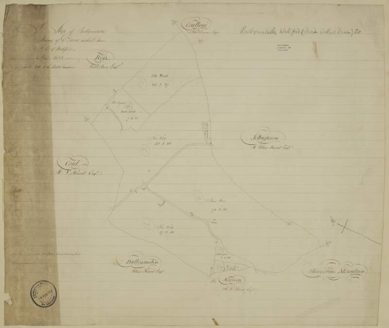 A map of Ballymalalla in the barony of Decies-within-Drum and County of Waterford April 1832.  Scale 20 perches to an inch.  Names of tenants and acreage of holdings shown.