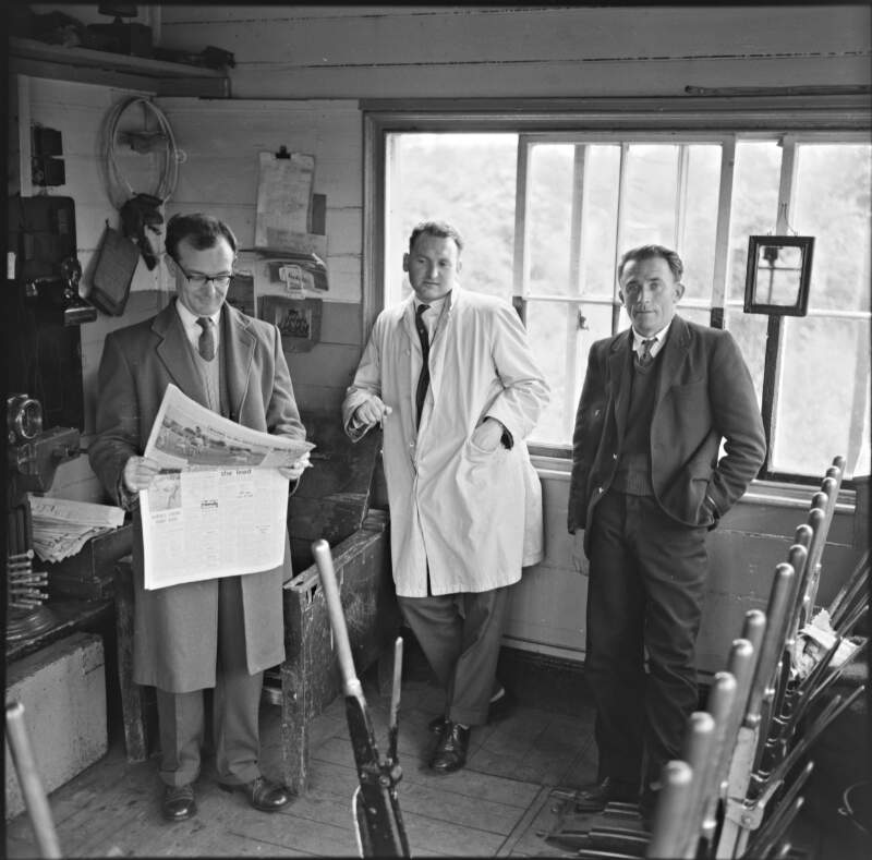 Dave Heavey & 2 friends in signal cabin, Kilcock, Co. Kildare.