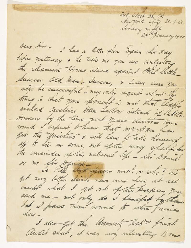 I.iii.1. Letter from Tom Clarke to Jim [Bermingham] written from New York regarding political matters,