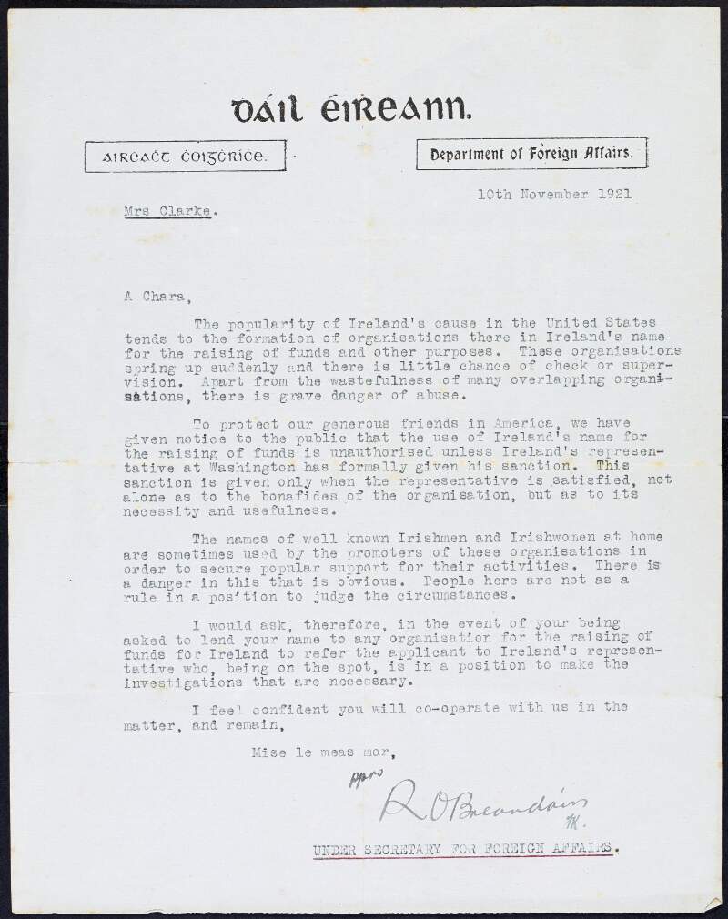 II.iii.11. Letter from Riobard O Breandáin Under Secretary, Department of Foreign Affairs, Daíl Eireann, to Kathleen Clarke, asking her not to lend her name to unofficial organisations fundraising in America,