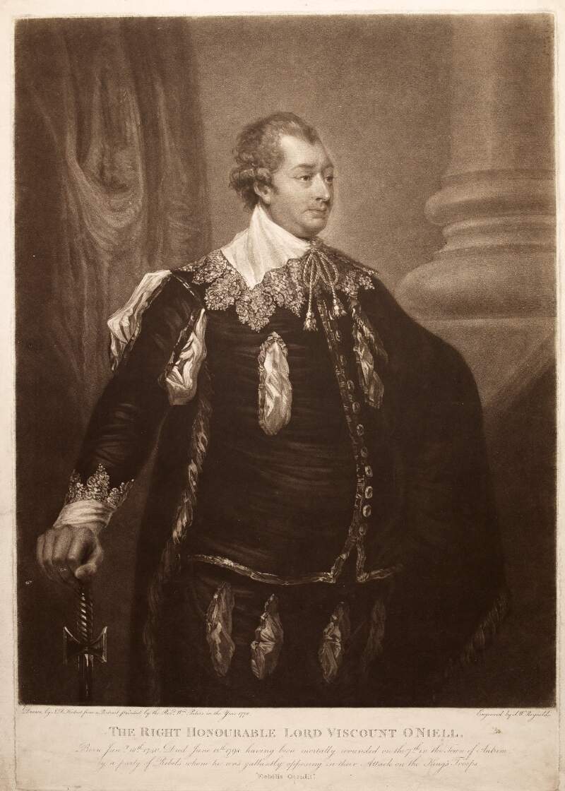 The Right Honourable Lord Viscount O Niell [John O'Neill] Born Jany. 18th 1740, Died June 18th 1798 having been mortally wounded on the 7th in the town of Antrim by a party of rebels whom he was gallantly opposing in their attack on the King's troops. Flebilis Occidit