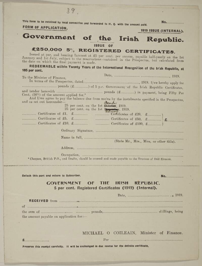 Riaghaltas Saorstáit Éireann bannaí cláruighthe (5%) ar 250,000 dá gcur ar díol = Government of the Irish Republic : issue of 250,000 5% registered certificates.