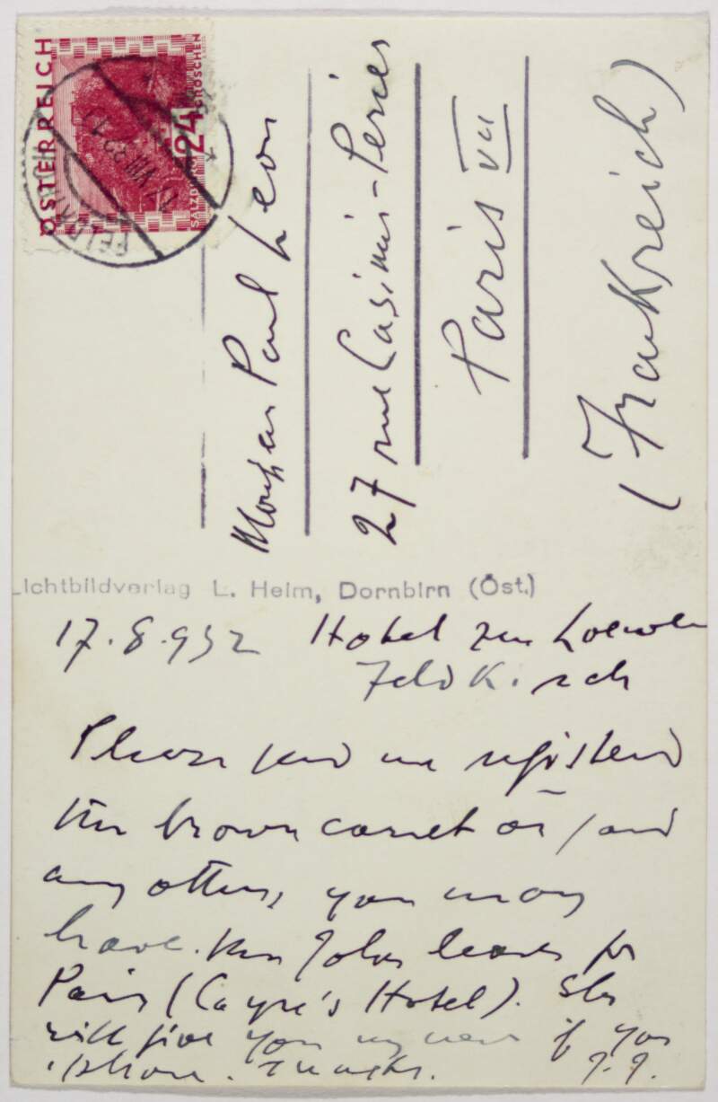 Postcard : from James Joyce, Hotel zum Löwen, Feldkirch to Paul Léon,