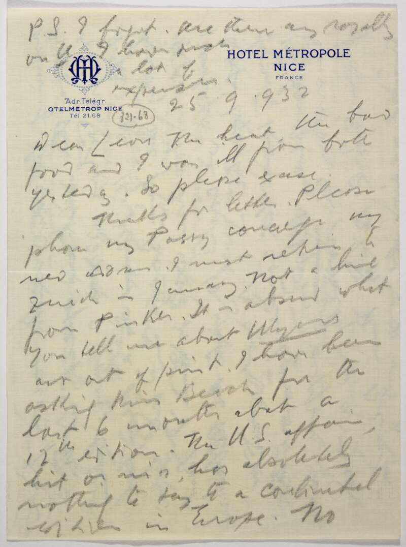 Letter : from James Joyce, Hôtel Metropôle, Nice to Paul Léon,