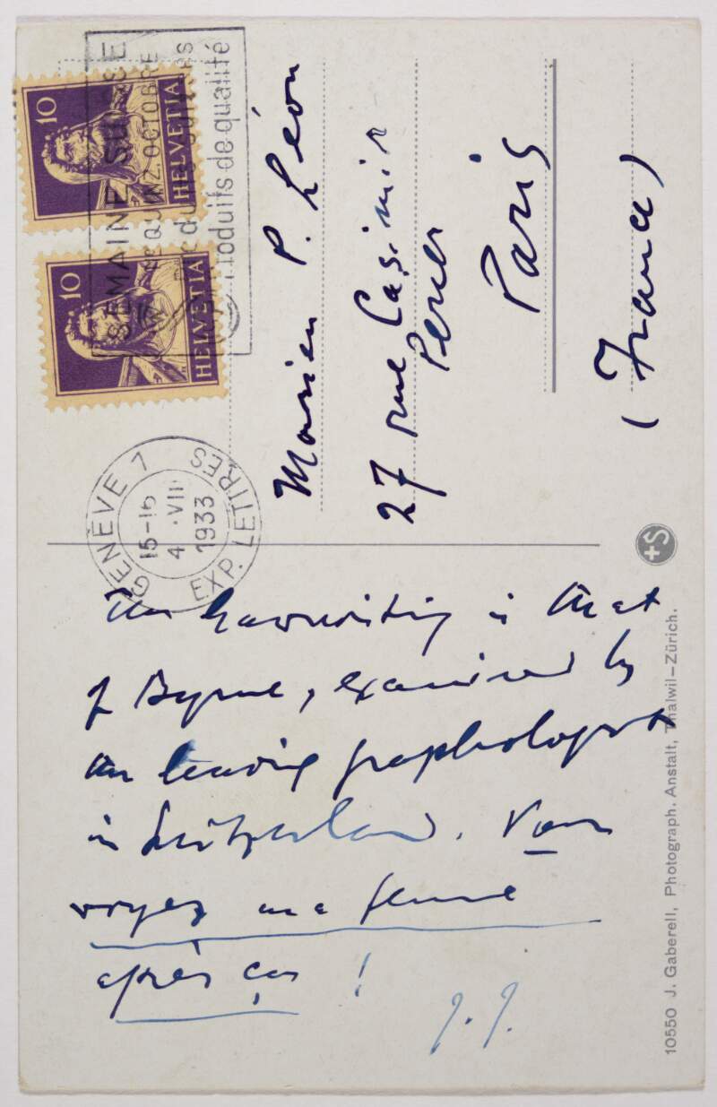 Postcard : from James Joyce, [Geneva] to Paul Léon,
