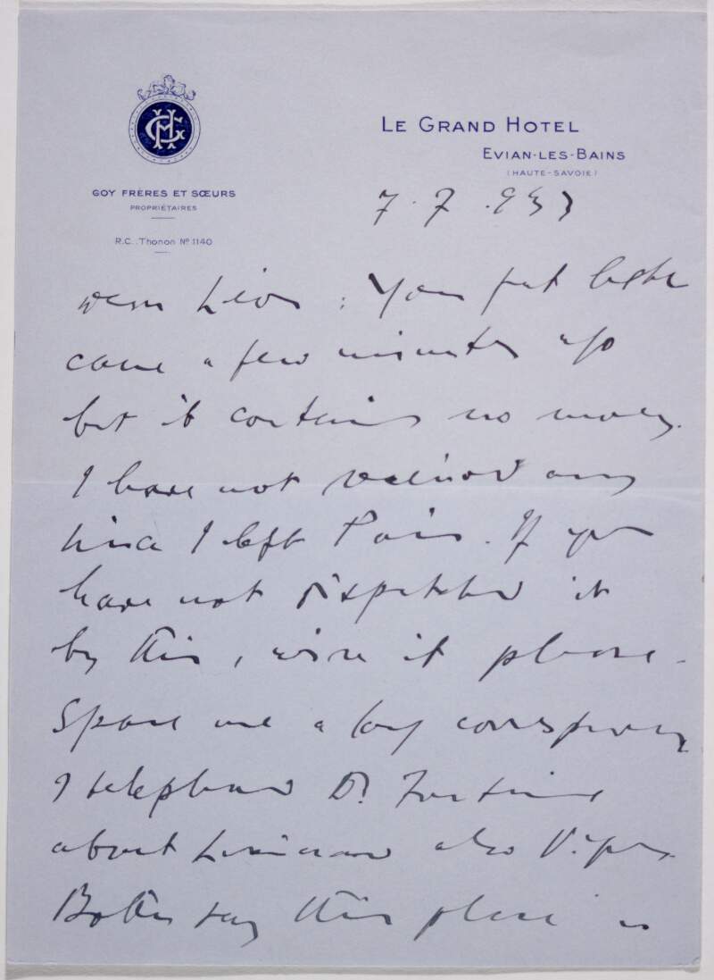 Letter : from James Joyce, Le Grand Hôtel, Évian-les-Bains to Paul Léon,
