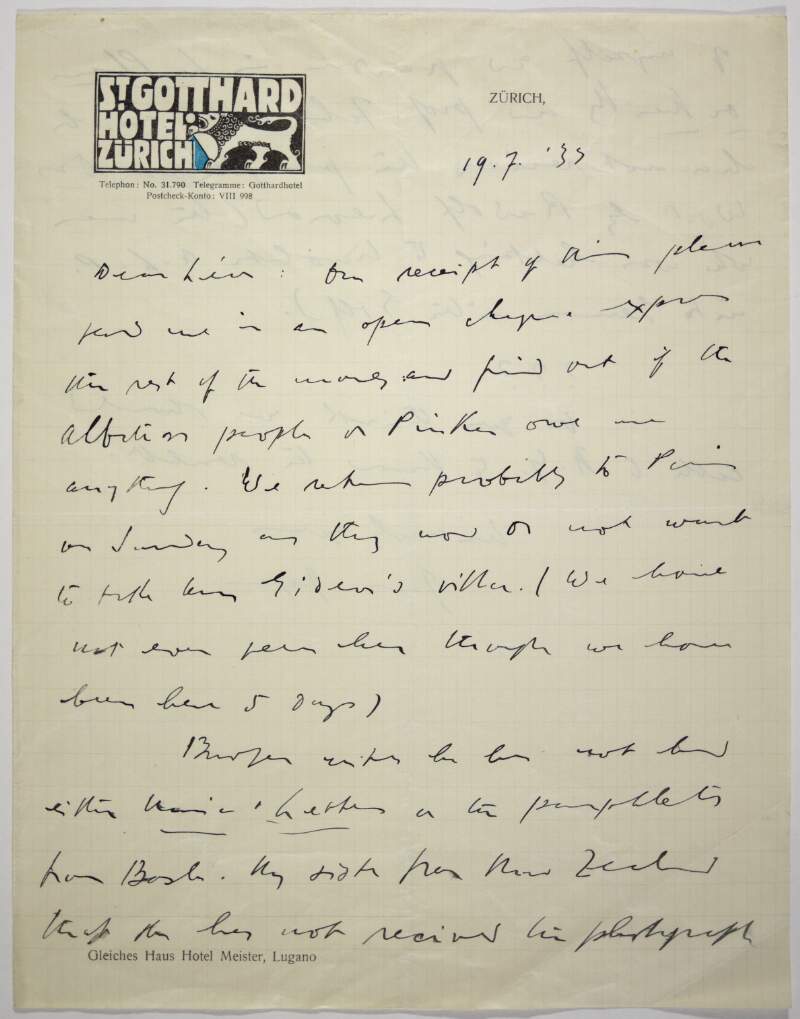 Letter : from James Joyce, St Gotthard Hotel, Zurich to Paul Léon,