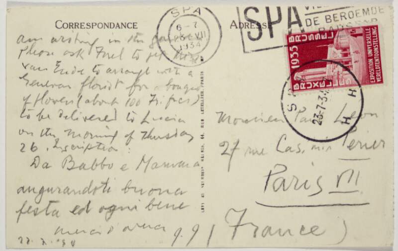 Postcard : from James Joyce, [postmark Spa] to Paul Léon,