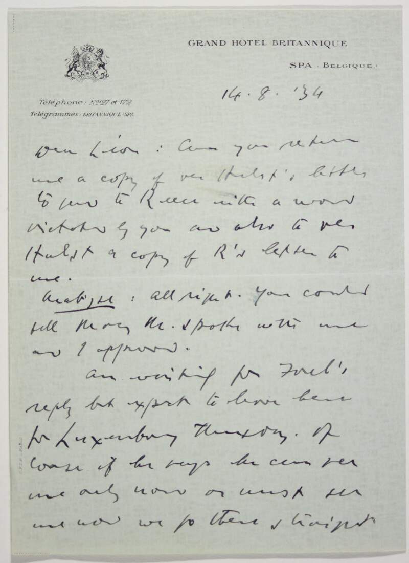 Letter : from James Joyce, Grand Hôtel Britannique, Spa to Paul Léon,