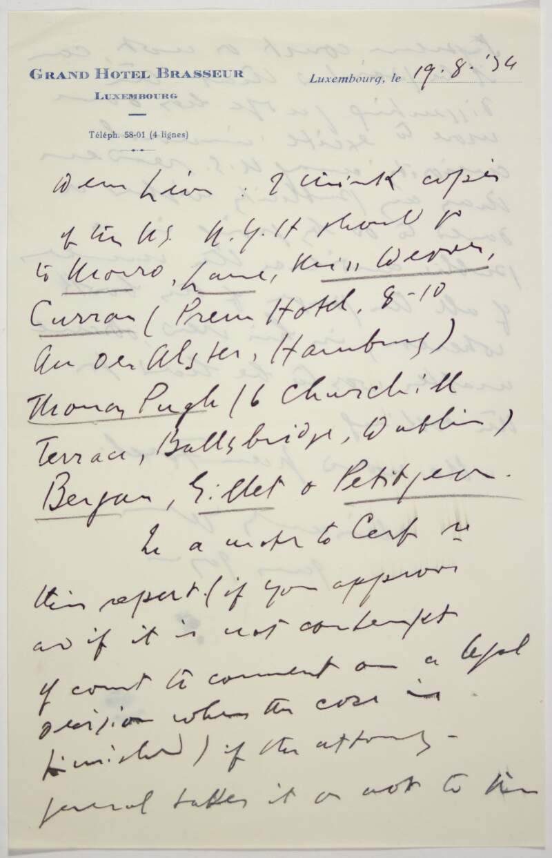 Letter : from James Joyce, Grand Hôtel Brasseur, Luxembourg to Paul Léon,