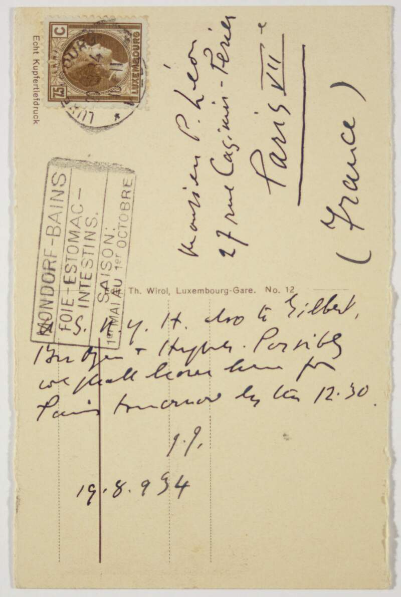 Postcard : from James Joyce, Luxembourg to Paul Léon,