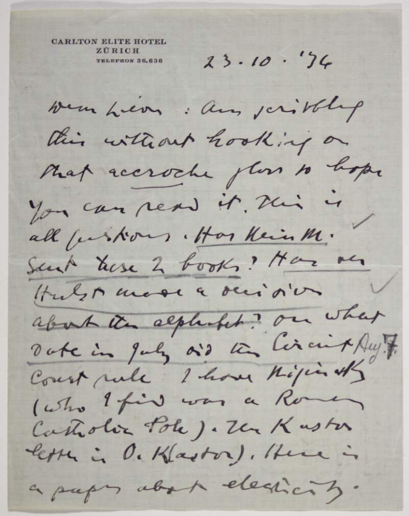 Letter : from James Joyce, Carlton Elite Hotel, Zuruch to Paul Léon,