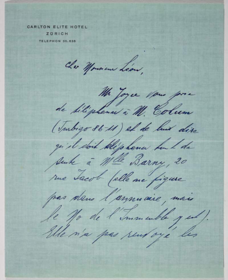 Letter : from George Borach, Carlton Elite Hotel, Zurich on behalf of James Joyce to Paul Léon,