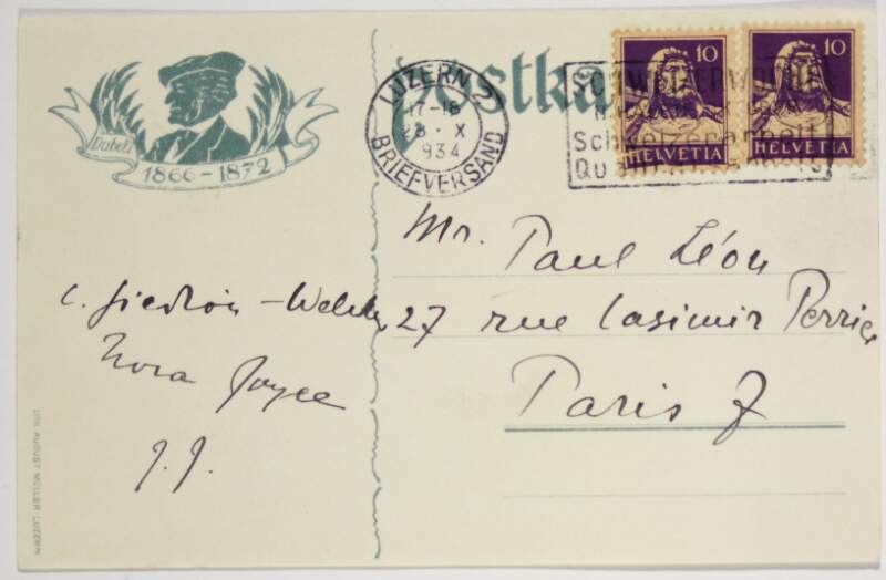 Postcard : from James Joyce, Nora Joyce and Carola Giedion-Welcker to Paul Léon,
