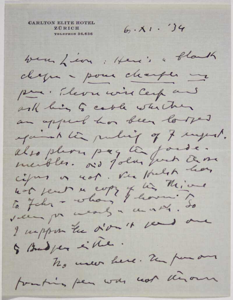 Letter : from James Joyce, Carlton Elite Hotel, Zurich to Paul Léon,