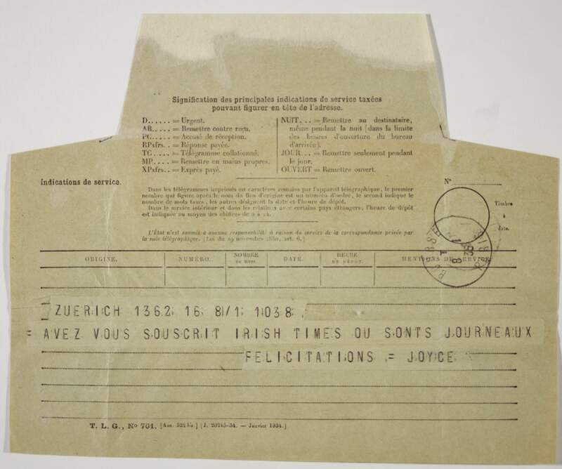 Telegram : from James Joyce, Zurich to Paul Léon,