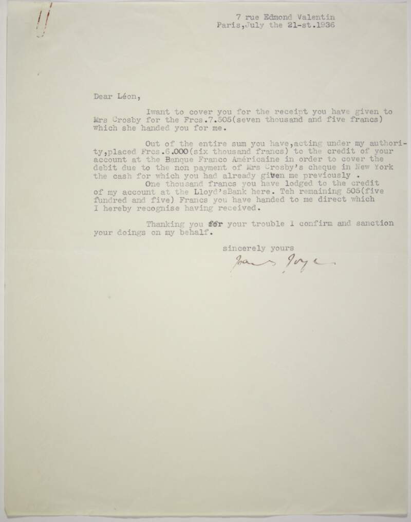 Letter : from James Joyce, 7 rue Edmond Valentin, Paris to Paul Léon,