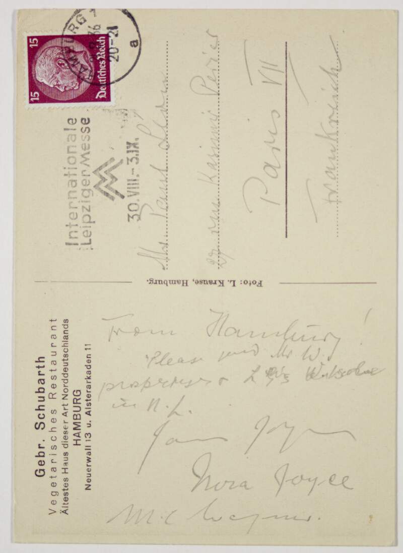 Postcard : from James Joyce, [postmark Hamburg] to Paul Léon,