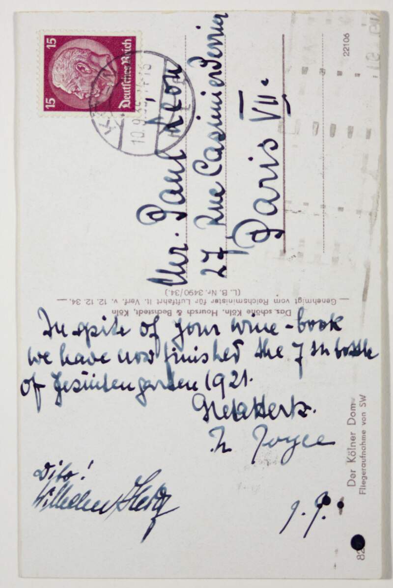 Postcard : from Greta Hertz, Nora Joyce, Wilhelm Hertz and James Joyce, [postmark Cologne] to Paul Léon,
