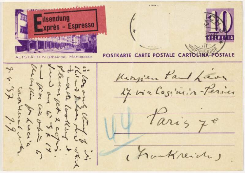 Postcard : from James Joyce, [postmark Zurich] to Paul Léon,