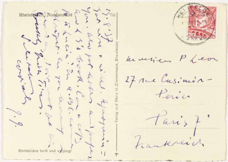 Postcard : from James Joyce, [Rheinfelden] to Paul Léon,