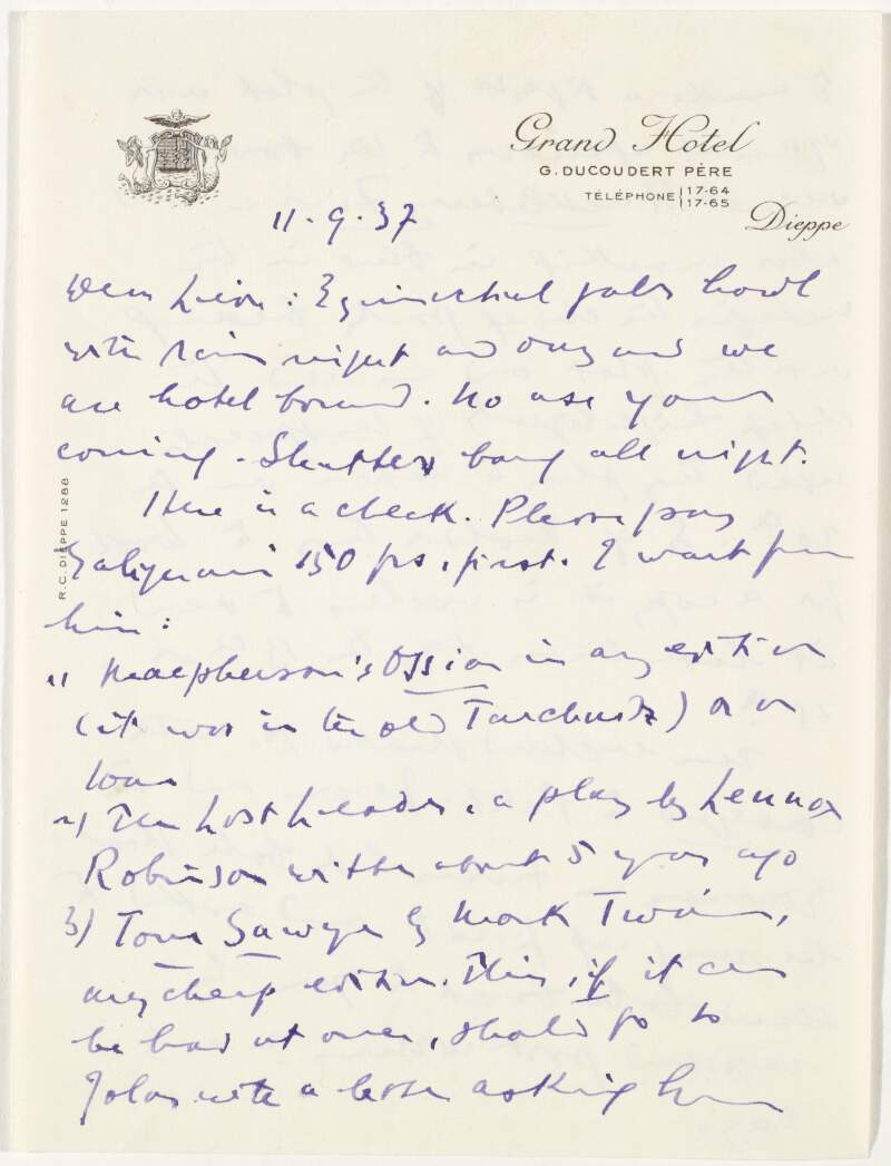 Letter : from James Joyce, Grand Hôtel, Dieppe to Paul Léon,