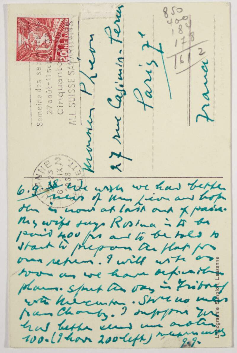 Postcard : from James Joyce, [Lausanne] to Paul Léon,