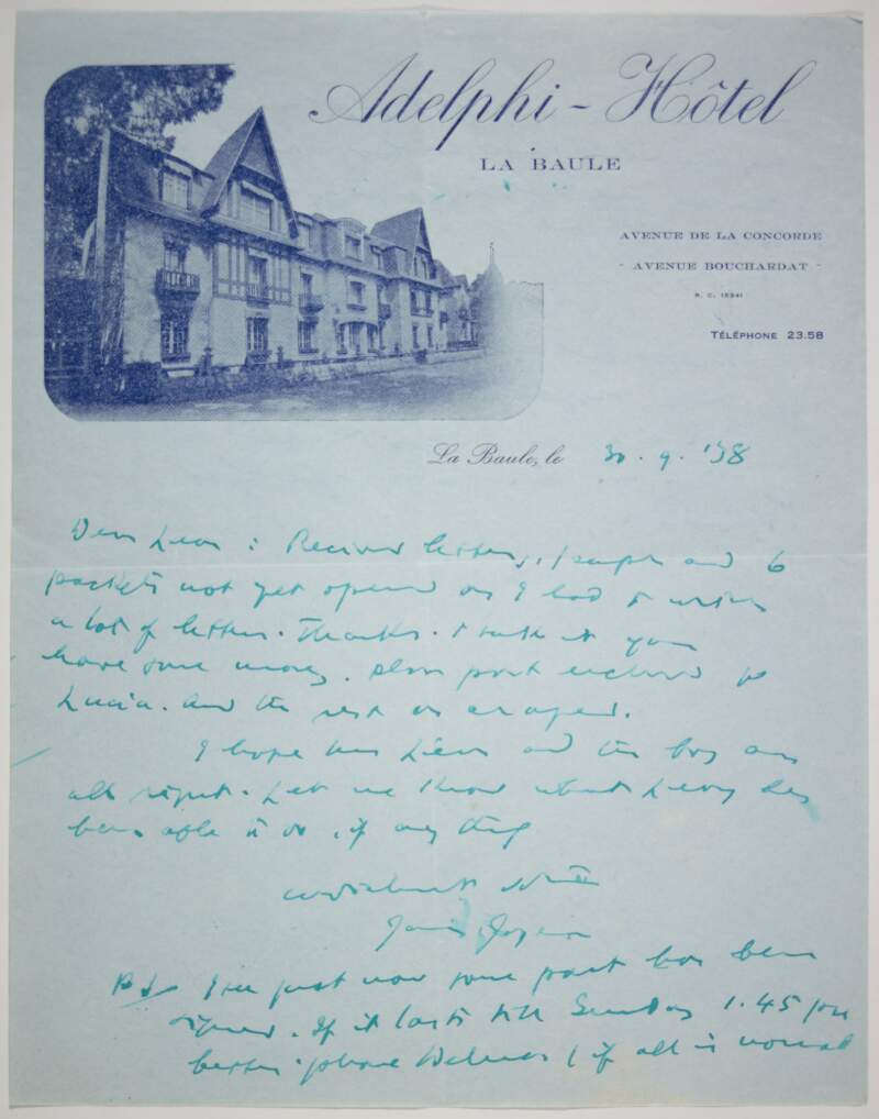 Letter : from James Joyce, Adelphi Hotel, La Baule to Paul Léon,