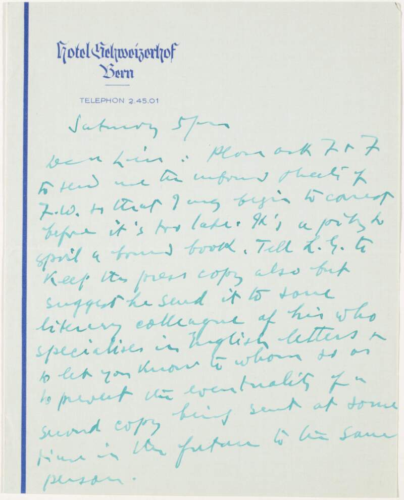 Letter : from James Joyce, Hotel Schweizerhof, Bern to Paul Léon,