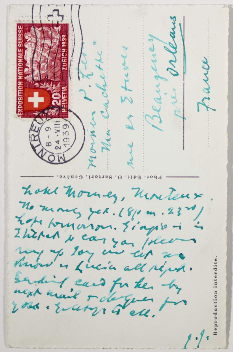 Postcard : from James Joyce, Hôtel Monney, Montreux to Paul Léon,