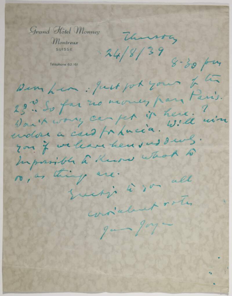 Letter : from James Joyce, Hôtel Monney, Montreux to Paul Léon,