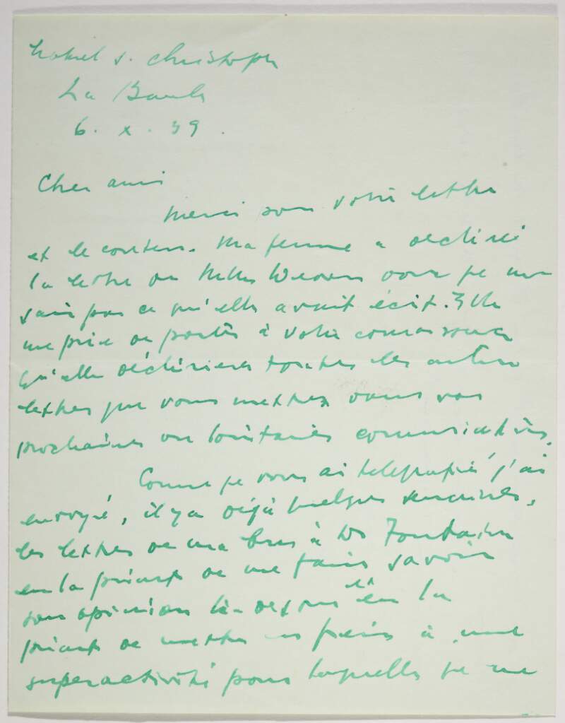 Letter : from James Joyce, Hôtel S. Christophe, La Baule to Paul Léon,