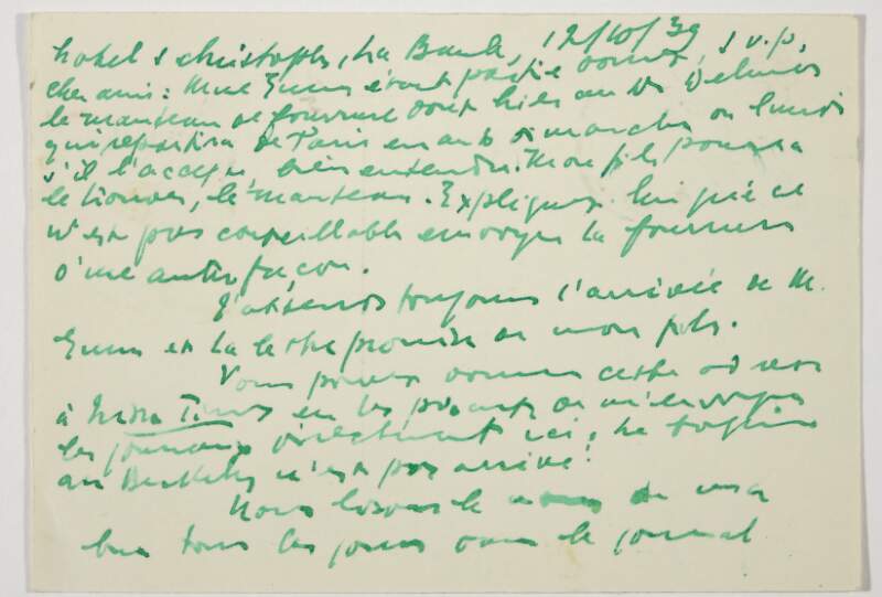 Postcard : from James Joyce, Hôtel S. Christophe, La Baule to Paul Léon,