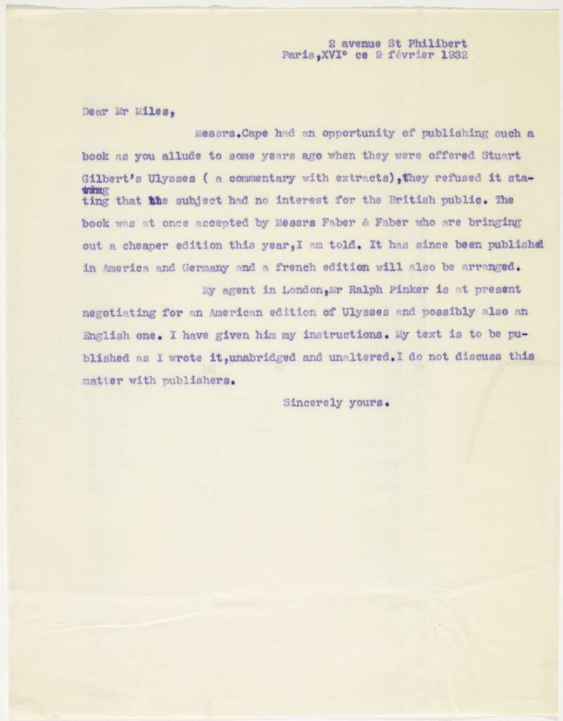 Letter : from James Joyce, 2 avenue St Philibert, Paris, XVI to Hamish Miles,
