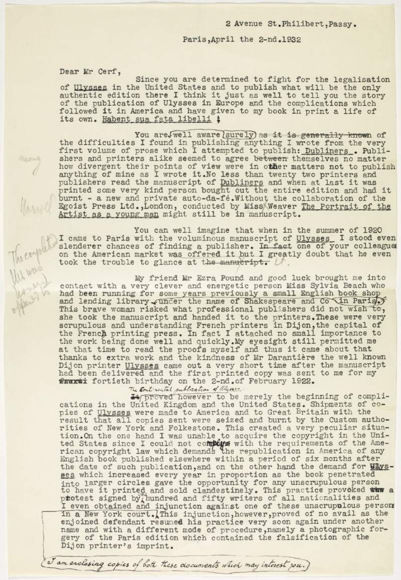 Letter : from James Joyce, 2 avenue Saint Philibert, Passy, Paris to Bennett Cerf,