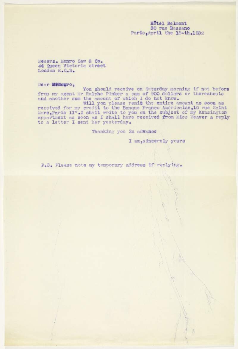 Letter : from James Joyce, Hôtel Belmont, 30 rue Bassano, Paris to Monro Saw & Co.,