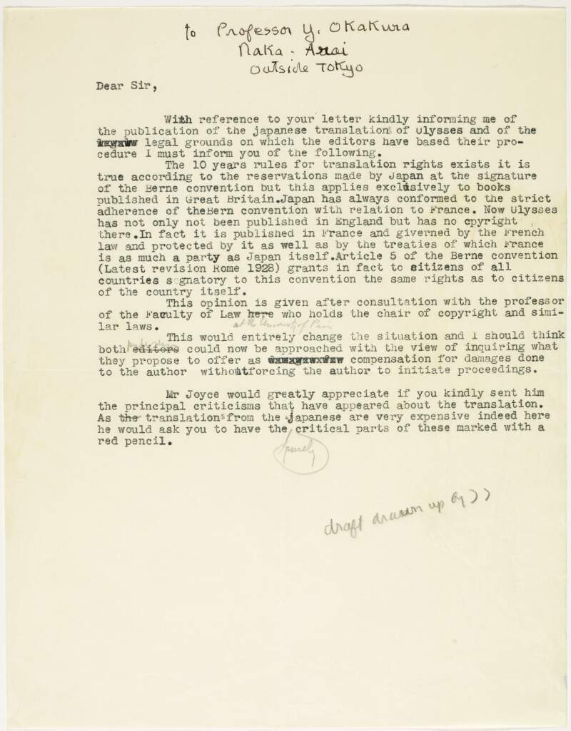 Letter : from [James Joyce/Sylvia Beach] to Professor Y. Okakura, Naka-Arai, Outsite Toyko,