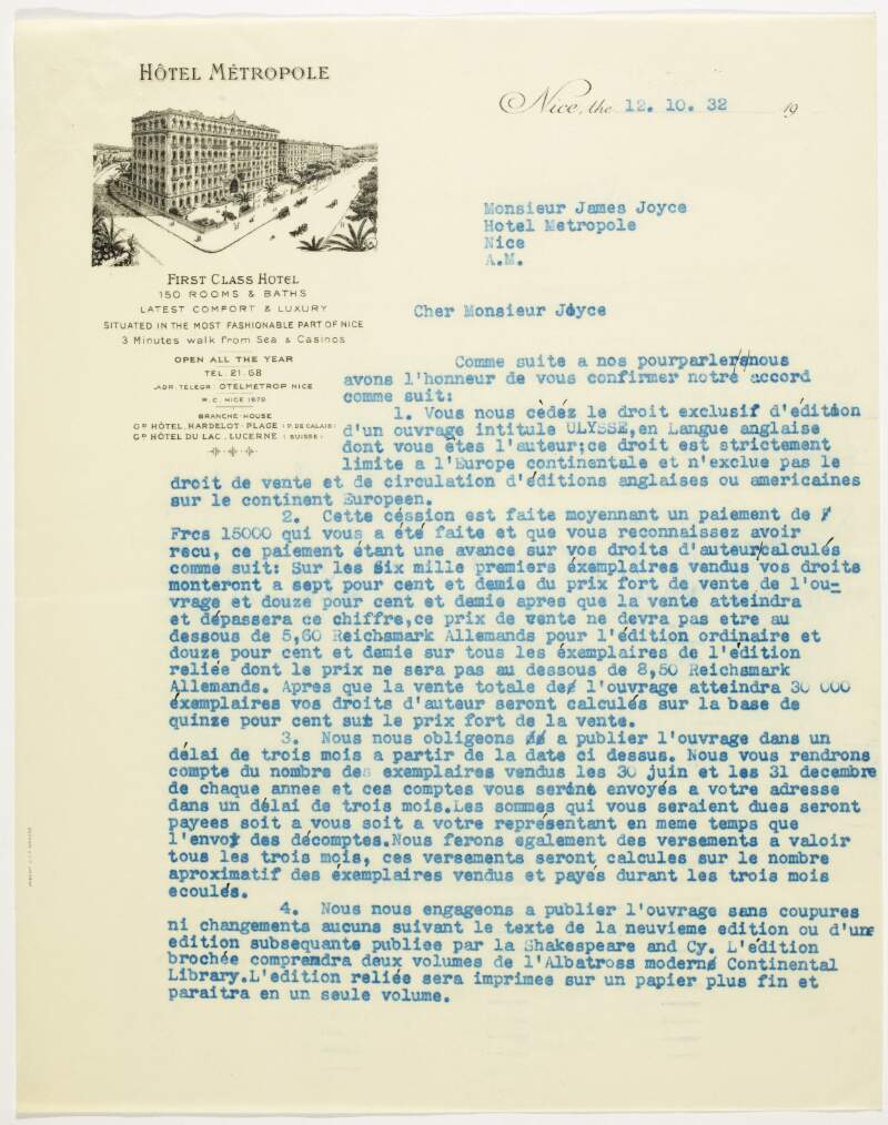Letter : from James Joyce, Hôtel Métropole, Nice to The Albatross,