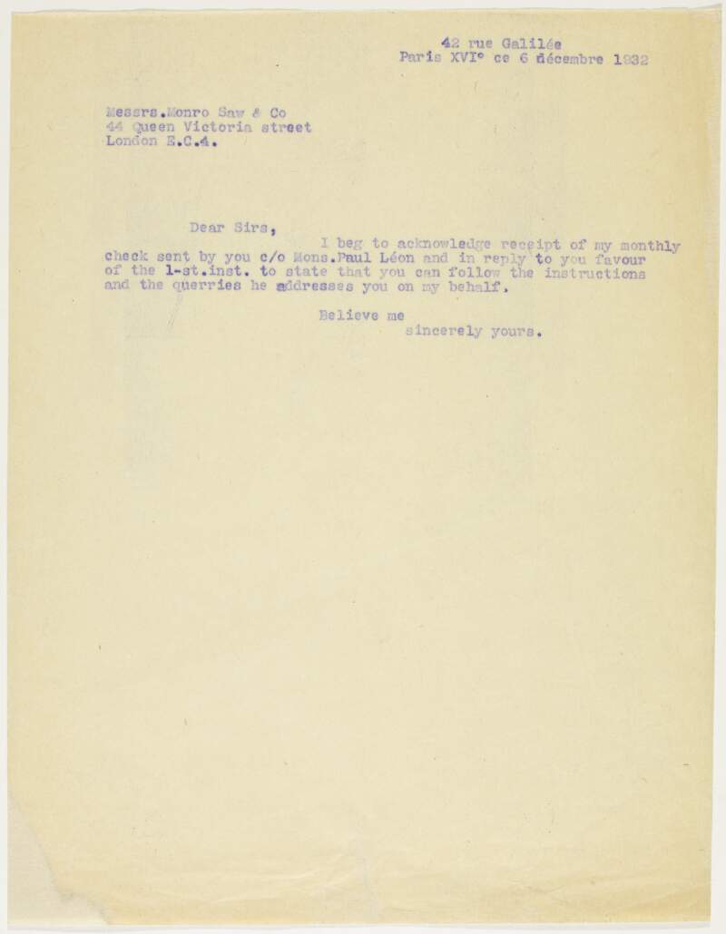Letter : from James Joyce, 42 rue Galilée, Paris XVI to Monro Saw & Co,