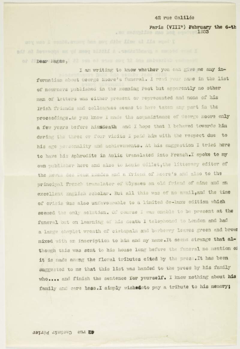 Letter : from James Joyce, 42 rue Galilée, Paris VIII to W.K. Magee,